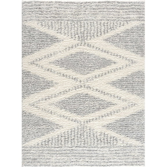 BoutiqueRugs Gala Boho Moroccan Geometric Shag Area Area Rug - High Pile Super Soft Carpet for Living Room, Bedroom - Light Gray, White - 6'7" x 9'