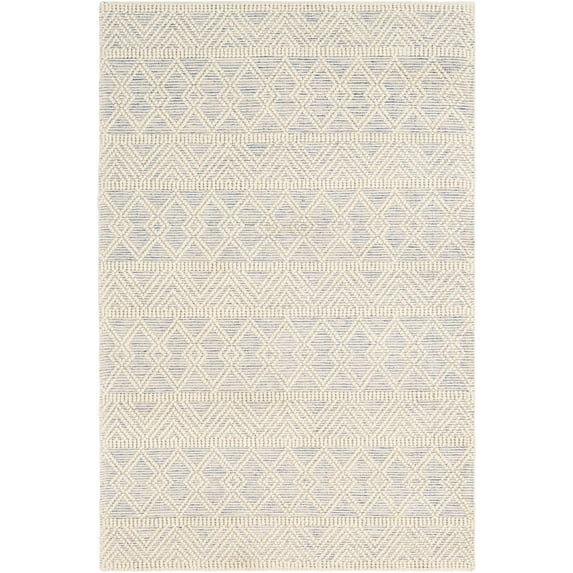 BoutiqueRugs Ginter Boho Hand Woven Wool Natural Fiber Area Rug - Farmhouse High Low Textured Trellis Patterned Carpet for Living Room, Bedroom - Blue, White - 5' x 7'6" (5x7 Area Rug)