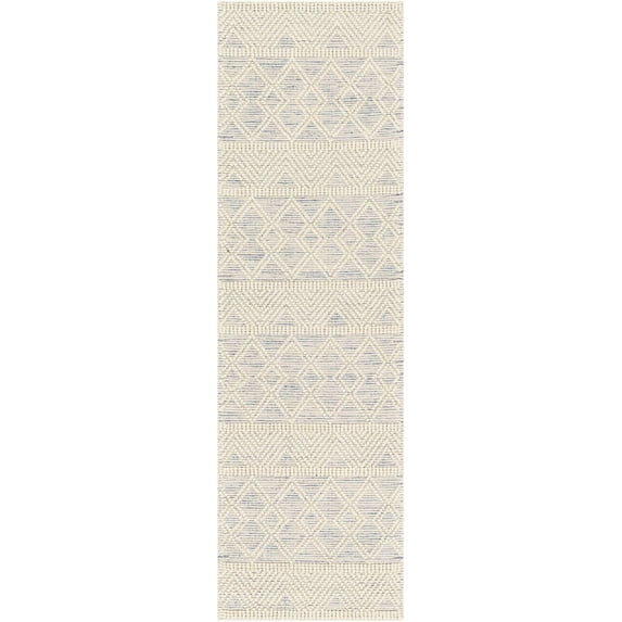 BoutiqueRugs Ginter Boho Hand Woven Wool Natural Fiber Runner Rug - Farmhouse High Low Textured Trellis Patterned Carpet for Hallway - Blue, White - 2'6" x 8' Runner (2x8 Area Rug)