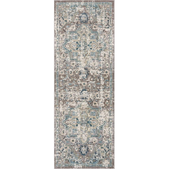 Boutique Rugs Johnstonville Washable Turkish Runner Rug - Machine Washable - Blue, Cream, Gray - 2'7" x 7'3" Runner