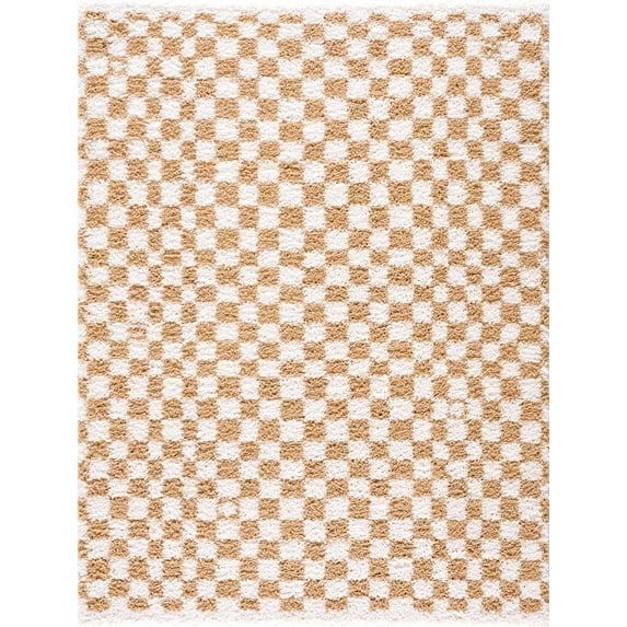 BoutiqueRugs Kieu Modern Checkered Shag Rug - High Pile Fluffy Shag Carpet for Hallway, Nursery, Playroom, Girls Boys Room - White, Yellow - 5'3" x 7' (5x7)