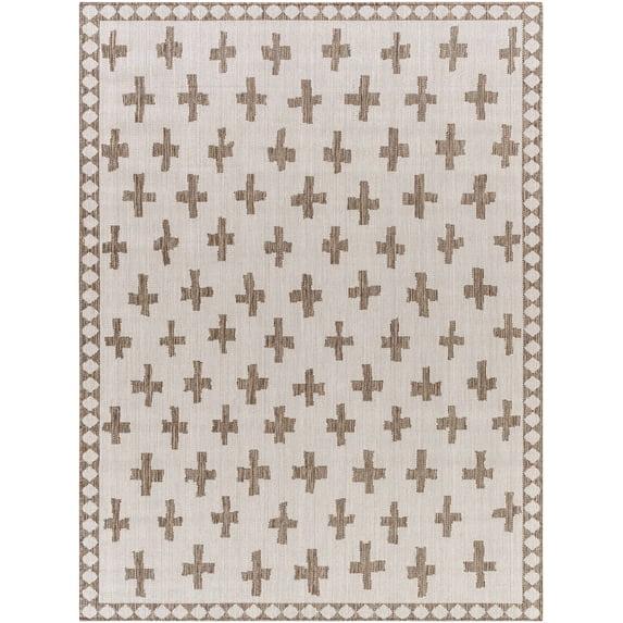 BoutiqueRugs Kyna Modern Swiss Cross Geometric Large Area Rug - Contemporary Minimalist Outdoor Safe Carpet for Terrace, Living Room - Off White, Medium Gray, Brown - 7'10" x 10' (8x10)