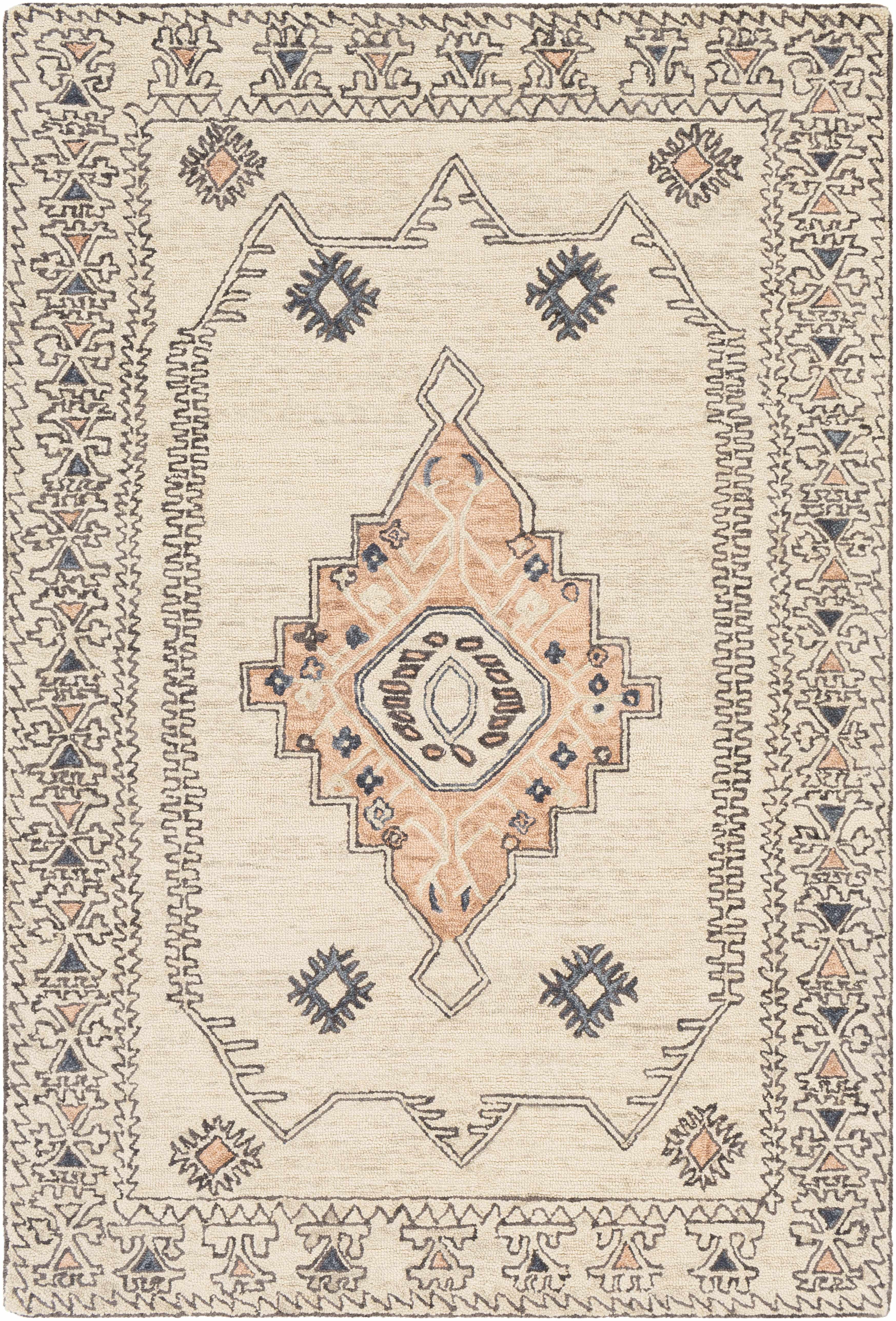 Ivory and Peach Hand Tufted Wool Area Rug 5' x 7'6"
