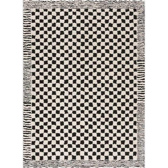 BoutiqueRugs Leryn Checkered Shag Area Rug - High and Low Pile Fluffy Shag Carpet for Kids Room, Nursery, Living Room - Black and White - 5'3" x 7' (5x7)