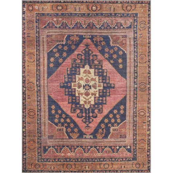 BoutiqueRugs Malamote Boho Vintage Colorful Area Rug - Farmhouse Traditional Medallion Carpet for Living Room - Machine Washable - Navy, Pink, Burnt Orange, Magenta - 7'10" x 10'2" (8x10)