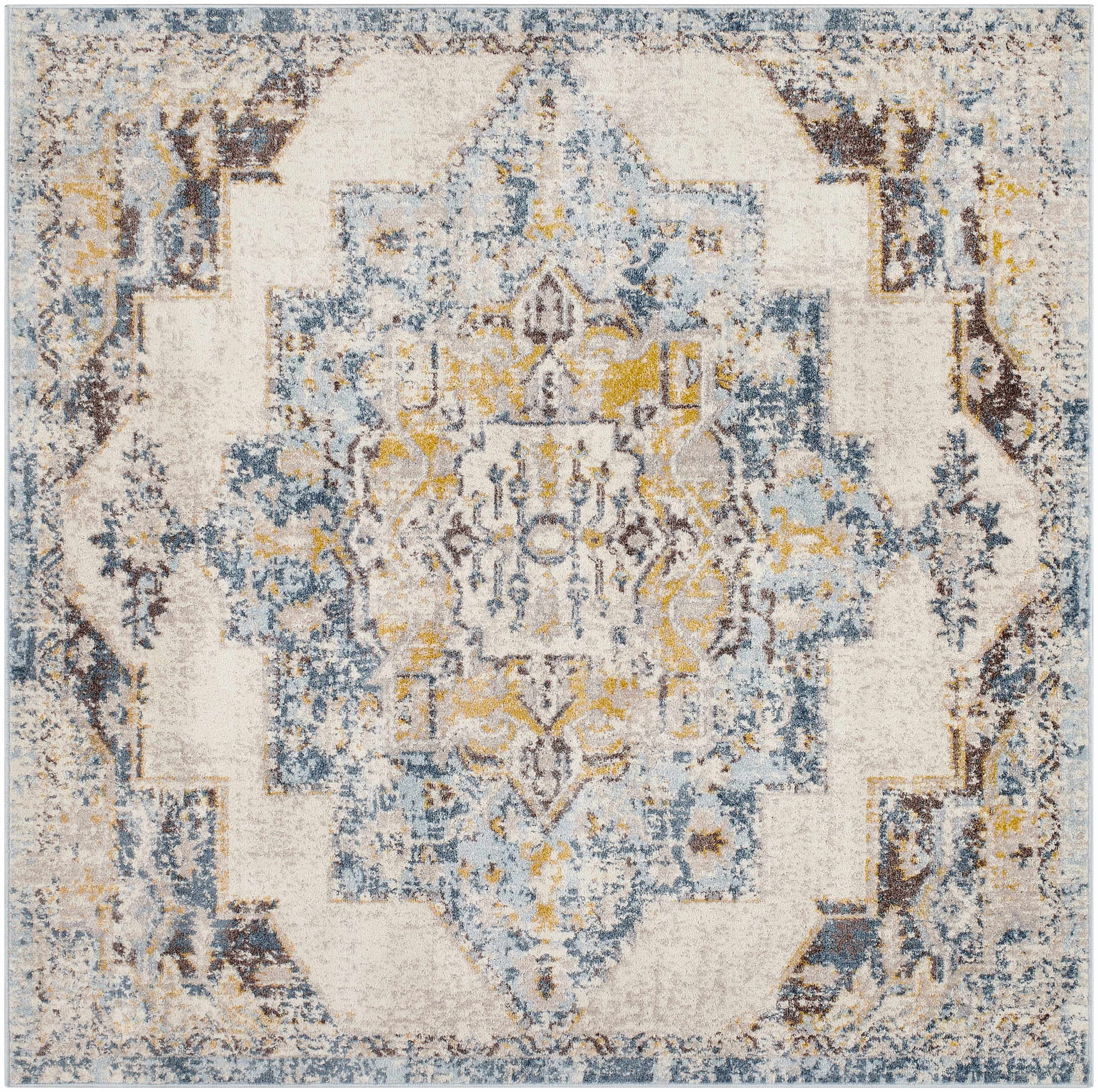 Ice Blue and Mustard Distressed Square Area Rug
