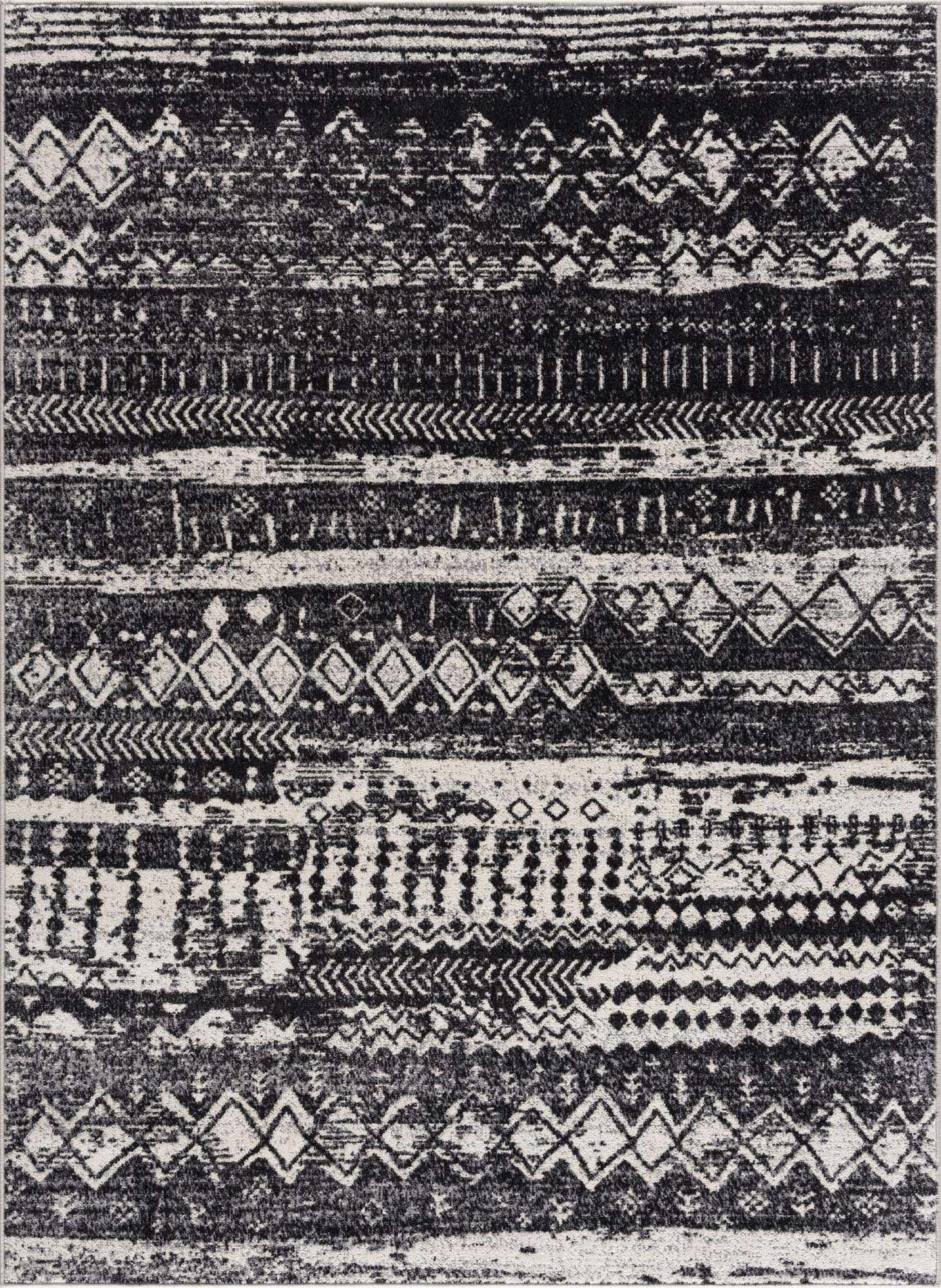 Gray and Black Bohemian Washable Polyester Area Rug 6'7" x 9'