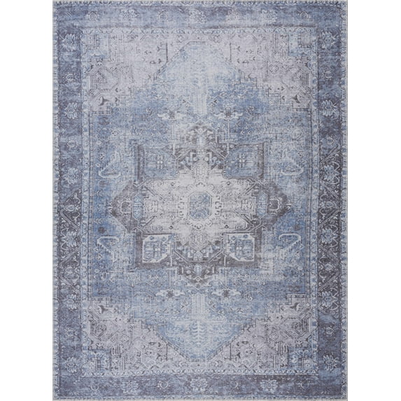 BoutiqueRugs Pays Blue Distressed Area Rug - Machine Washable - Sky Blue, Antrasit, Gray - 2' x 2'11"