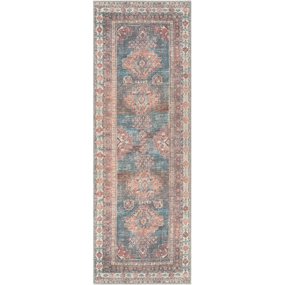 BoutiqueRugs Ricardo Boho Oriental Medallion Runner Rug -Traditional Floral Carpet for Hallway, Kitchen - Machine Washable - Blue, Red, Pink - 2'7" x 10' Runner