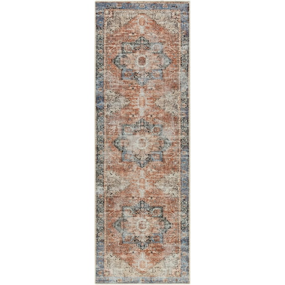 BoutiqueRugs Rosman Distressed Runner Rug - Machine Washable - Beige, Black, Blue - 2'7" x 14' Runner
