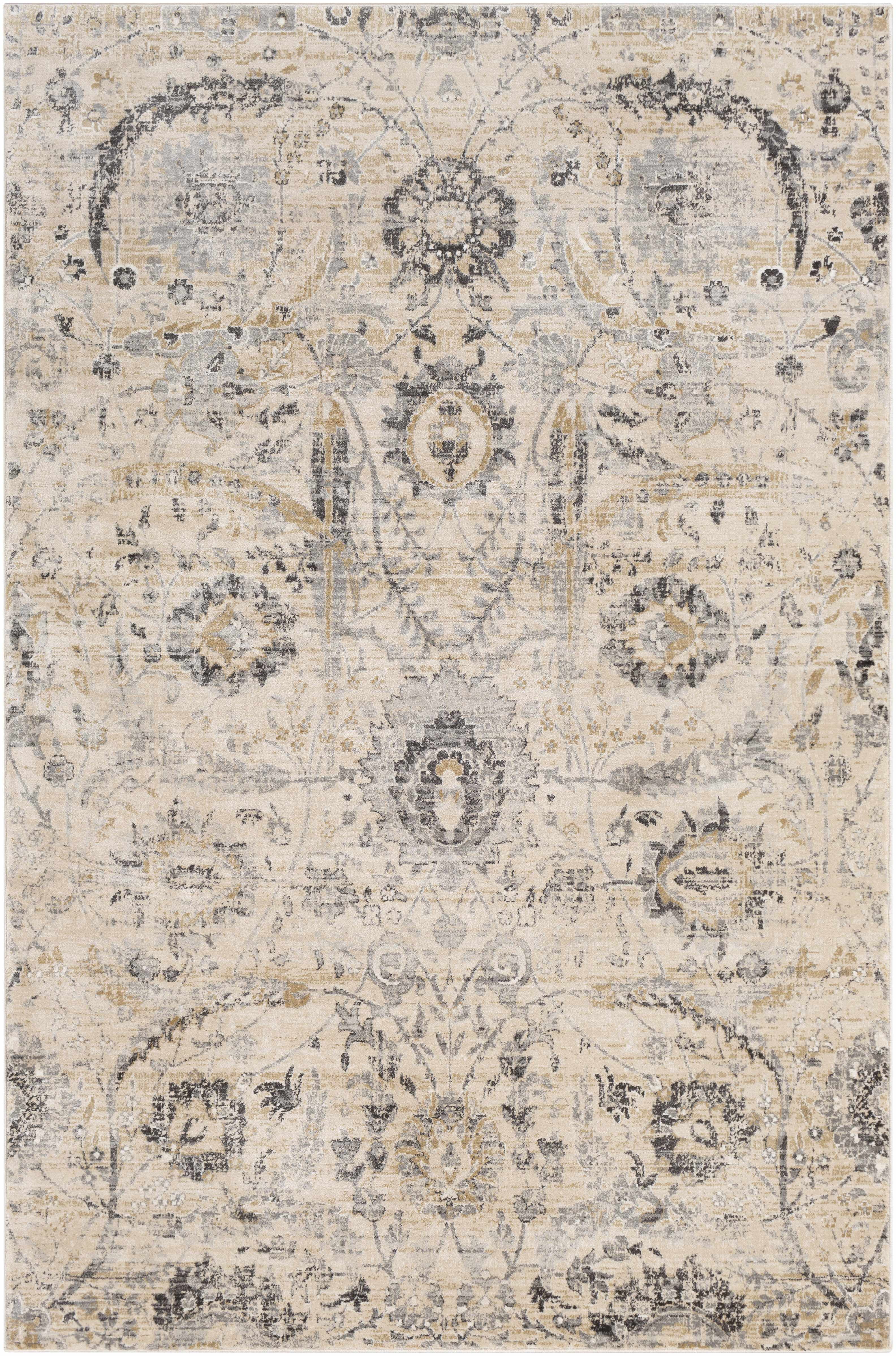Sunnyside Beige and Black Traditional Floral Area Rug 7'8" x 10'2"