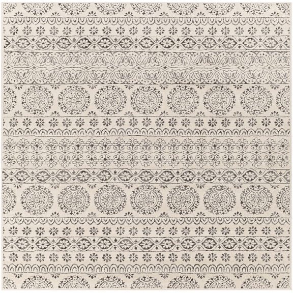 BoutiqueRugs Warroad Farmhouse Black and White Soft Neutral Area Rug - Boho Oriental Medallion Carpet for Bedroom, Living Room, Dining Room -Charcoal, Black, Cream - 6'7" Square