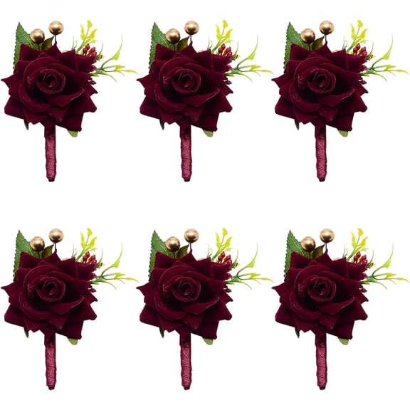 Boutonniere Set of 6 Wine Red Rose Boutonnieres Groom Boutonniere for Men Wedding with Pins Artificial Flowers Accessories DIY