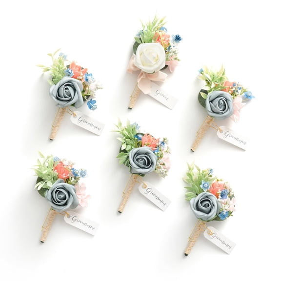 Boutonniere for Men, 6pcs Groom Groomsmen Boutonniere, Artificial Flowers for Wedding Decor/Prom/Homecoming, etc.Navy Blue Burgundy