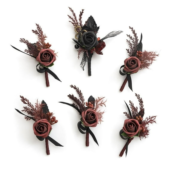 Boutonniere for Men, 6pcs Groom Groomsmen Boutonniere, Artificial Flowers for Wedding Decor/Prom/Homecoming, etc.Navy Blue Burgundy