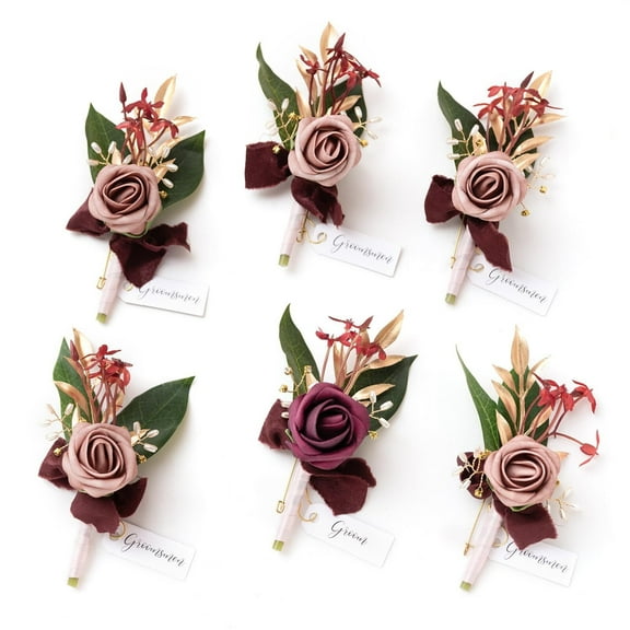 Boutonniere for Men, 6pcs Groom Groomsmen Boutonniere, Artificial Flowers for Wedding Decor/Prom/Homecoming, etc.Navy Blue Burgundy