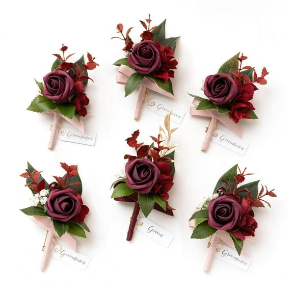 Boutonniere for Men, 6pcs Groom Groomsmen Boutonniere, Artificial Flowers for Wedding Decor/Prom/Homecoming, etc.Purple