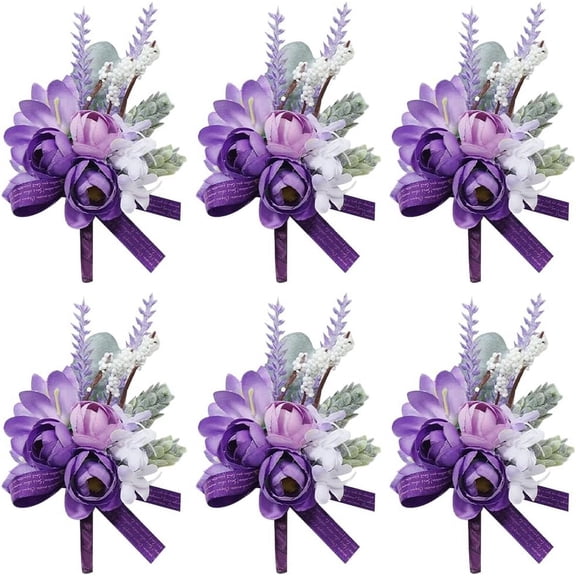 Boutonnieres for Men Wedding Corsage Set of 6 Purple Rose Lavender Flowers Groom Boutonniere for Groom and Best Man for Wedding Party Prom Anniversary Bride Bridesmaid Groomsmen Indigo