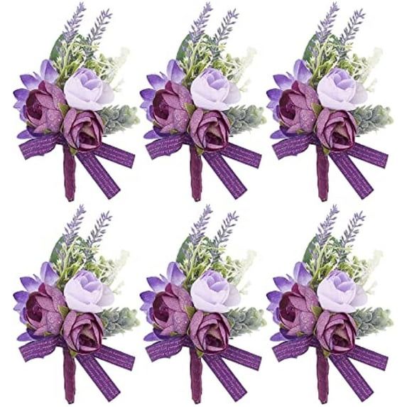 Boutonnieres for Men Wedding Corsage Set of 6 Purple Rose Lavender Flowers Groom Boutonniere for Groom and Best Man for Wedding Party Prom Anniversary Bride Bridesmaid Groomsmen