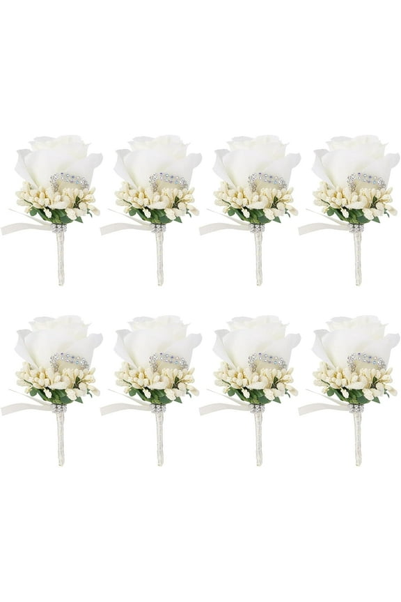 Boutonnieres for Men Wedding Corsage Set of 8 White Rose Groom Boutonniere with Rhinestone for Groom and Best Man for Wedding Party Prom Anniversary Bride Bridesmaid Groomsmen DIY
