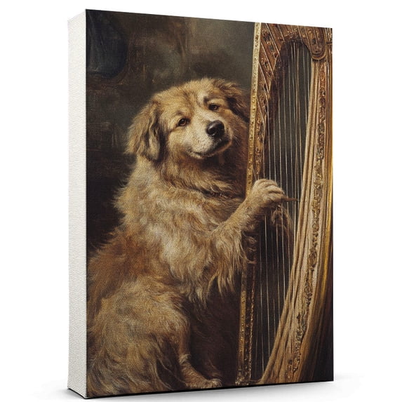Bouvierdes Flandres Cute Dog Harp Stretched Canvas Size 8x12 – Retro Bouvierdes Flandres Dog Batter in Action With Harp for Themed Living Room