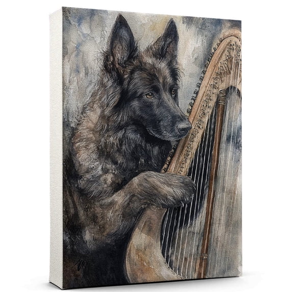 Bouvierdes Flandres Dog Stretched Canvas Size 8x12 – Harp Theme Dog Art for Wall, Bouvierdes Flandres Dog Playing Harp Wall Art, Dog Lover Canvas Decor