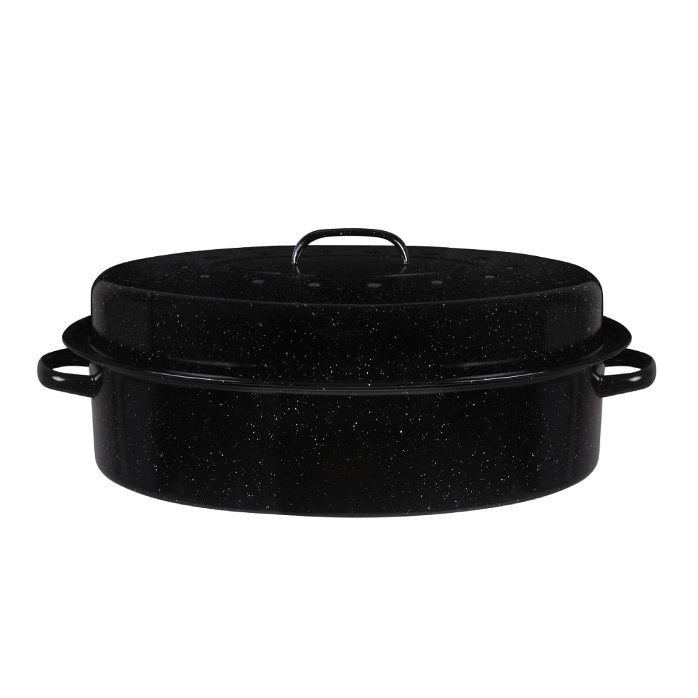 Bovado USA Oval Turkey Roaster Pan with Lid Non Stick Enamel 19 in, Black
