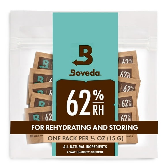 Boveda 62% Two-Way Humidity Control Packs For Storing ½ oz – Size 4 – 10 Pack – Moisture Absorbers for Small Storage Containers – Humidifier Packs – Hydration Packets in Resealable Bag
