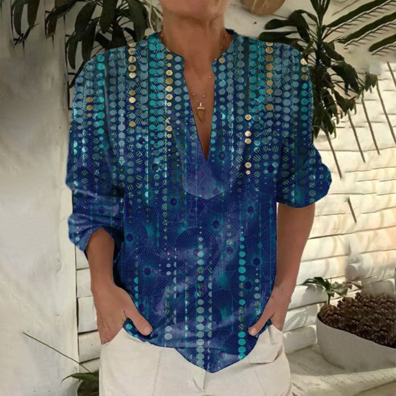 Bovemsi 2025 New Women's Retro Printed Pattern Art Printed Casual Long Sleeve Breathable and Comfortable V Neck Shirt, Blue Women's Summer Shirts, XXL