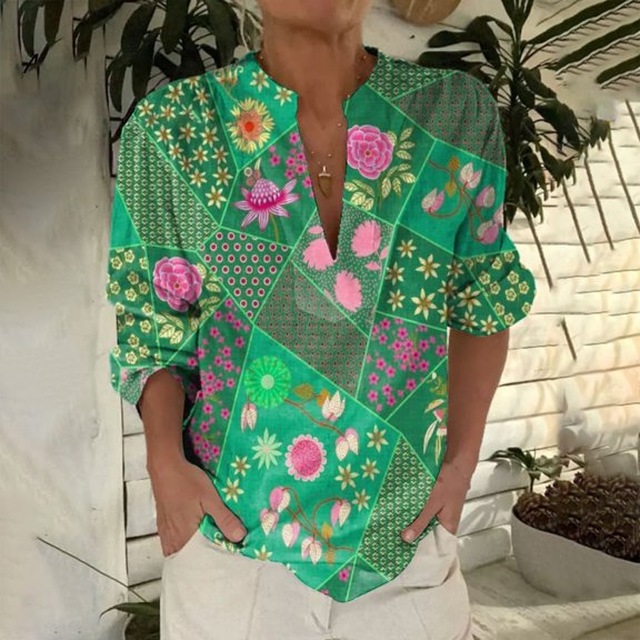Bovemsi 2025 New Women's Retro Printed Pattern Art Printed Casual Long Sleeve Breathable and Comfortable V Neck Shirt, Green Women's Summer Shirts, XL
