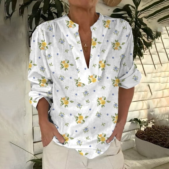 Bovemsi 2025 New Women's Retro Printed Pattern Art Printed Casual Long Sleeve Breathable and Comfortable V Neck Shirt, Yellow Women's Summer Shirts, L