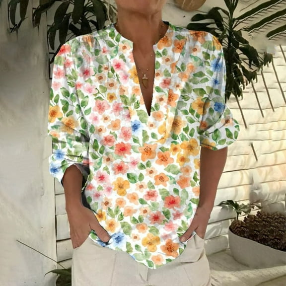 Bovemsi 2025 New Women's Retro Printed Pattern Art Printed Casual Long Sleeve Breathable and Comfortable V Neck Shirt, Yellow Women's Summer Shirts, M