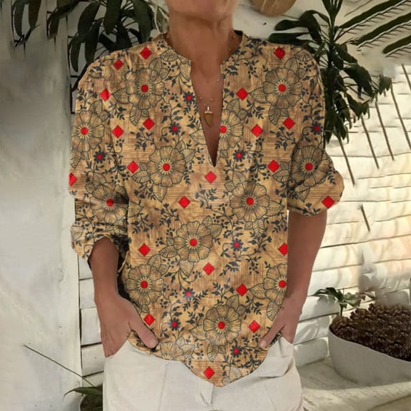 Bovemsi 2025 New Women's Retro Printed Pattern Art Printed Casual Long Sleeve Breathable and Comfortable V Neck Shirt, Yellow Women's Summer Shirts, S