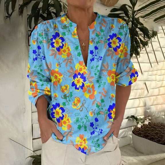 Bovemsi 2025 New Women's Retro Printed Pattern Art Printed Casual Long Sleeve Breathable and Comfortable V Neck Shirt, Blue Women's Summer Shirts, L