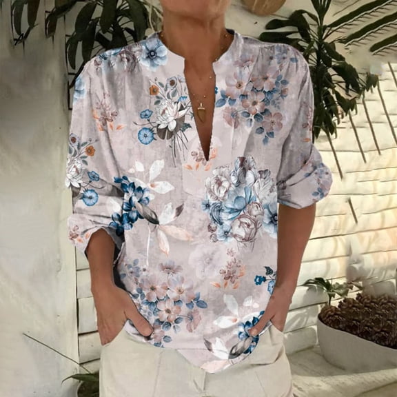 Bovemsi 2025 New Women's Retro Printed Pattern Art Printed Casual Long Sleeve Breathable and Comfortable V Neck Shirt, Pink Women's Summer Shirts, L