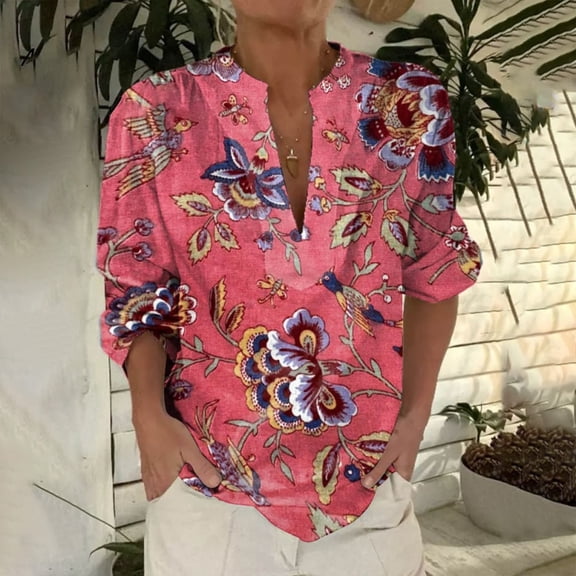 Bovemsi 2025 New Women's Retro Printed Pattern Art Printed Casual Long Sleeve Breathable and Comfortable V Neck Shirt, Pink Women's Summer Shirts, L