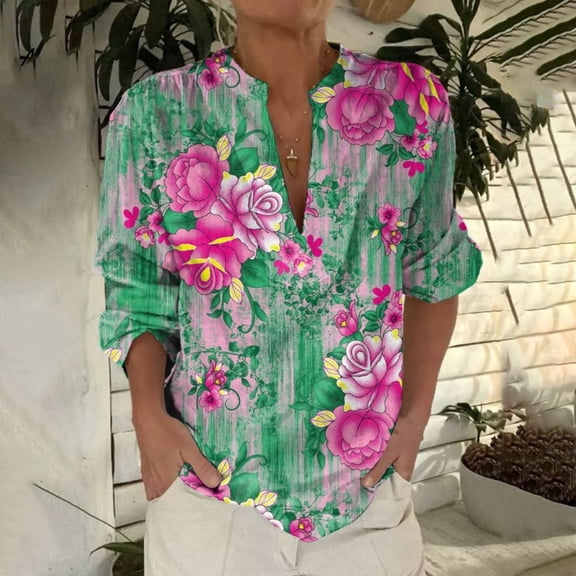 Bovemsi 2025 New Women's Retro Printed Pattern Art Printed Casual Long Sleeve Breathable and Comfortable V Neck Shirt, Pink Women's Summer Shirts, L