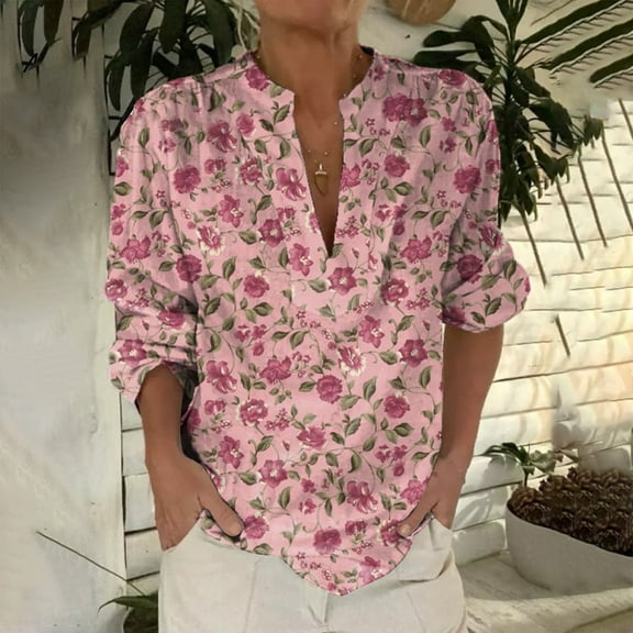 Bovemsi 2025 New Women's Retro Printed Pattern Art Printed Casual Long Sleeve Breathable and Comfortable V Neck Shirt, Pink Women's Summer Shirts, M