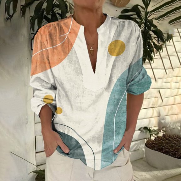 Bovemsi 2025 New Women's Retro Printed Pattern Art Printed Casual Long Sleeve Breathable and Comfortable V Neck Shirt, White Women's Summer Shirts, L