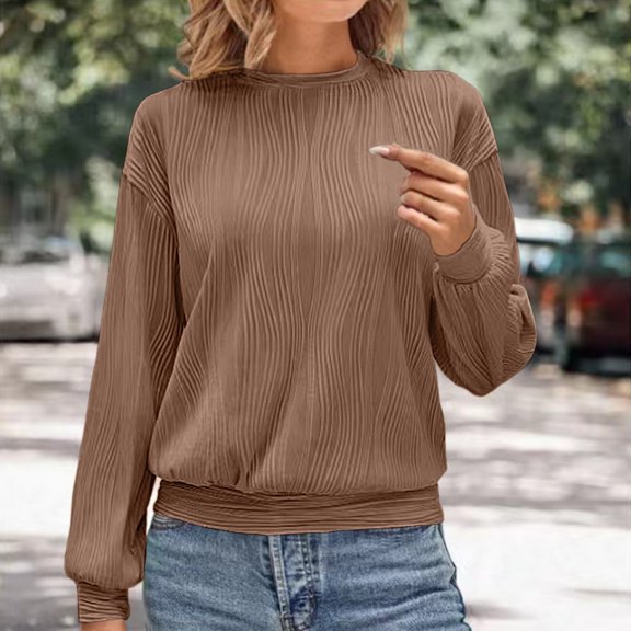Bovemsi 2025 Spring New Women's Falling Shoulder Long Sleeve Texture T Shirt Round Neck Knitted Solid Color Loose Casual T Shirt, Brown Summer Women's Long Sleeve T-Shirts, M