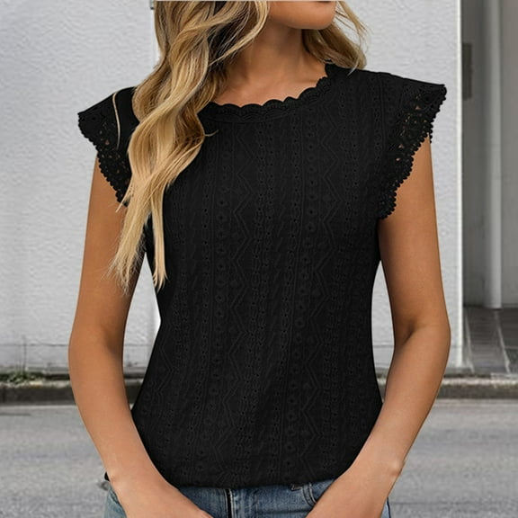 Bovemsi 2025 Spring/Summer New Solid Color Round Neck Short Sleeve Lace Splicing Hollow T Shirt, Black Women's Summer Short Sleeve T-Shirts, XL