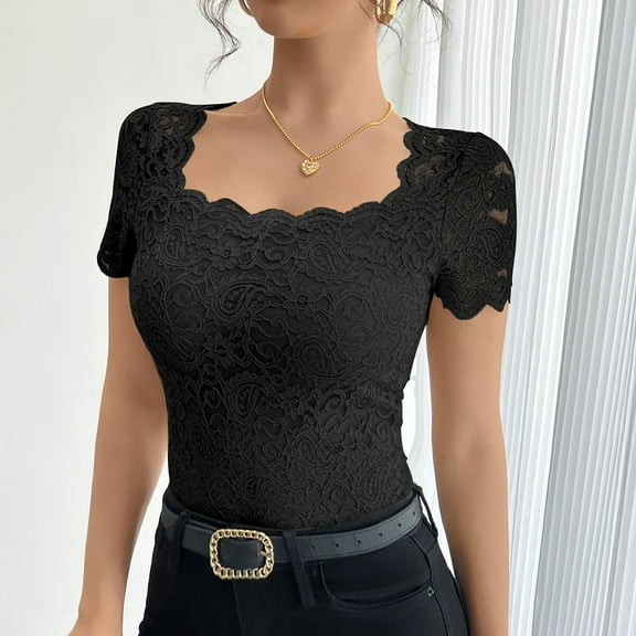 Bovemsi 2025 Spring/Summer Solid Color Lace Slim Square Neck T-Shirt for Women, Black, S