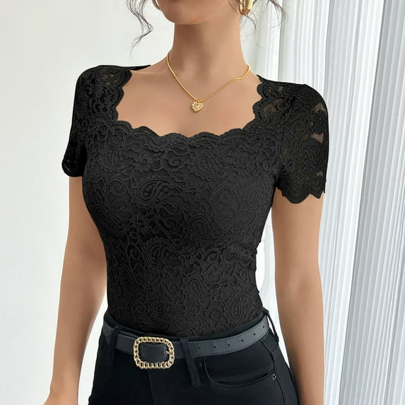 Bovemsi 2025 Spring/Summer Solid Color Lace Slim Square Neck T-Shirt for Women, Black, XL