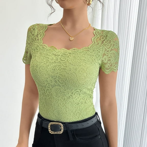 Bovemsi 2025 Spring/Summer Solid Color Lace Slim Square Neck T-Shirt for Women, Green, XL