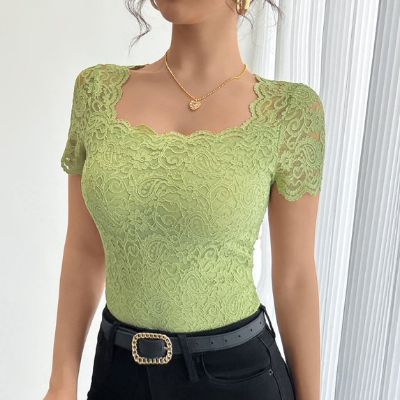 Bovemsi 2025 Spring/Summer Solid Color Lace Slim Square Neck T-Shirt for Women, Green, XXL