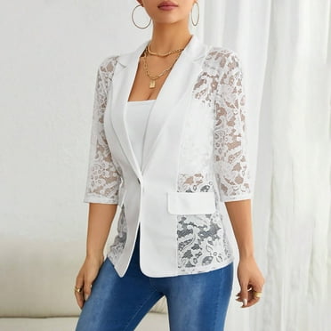 Bovemsi 2025 Spring Women's Lace Trim Blazer Jacket – Elegant Solid Color Mesh Lapel Open Front Coat, White, XL