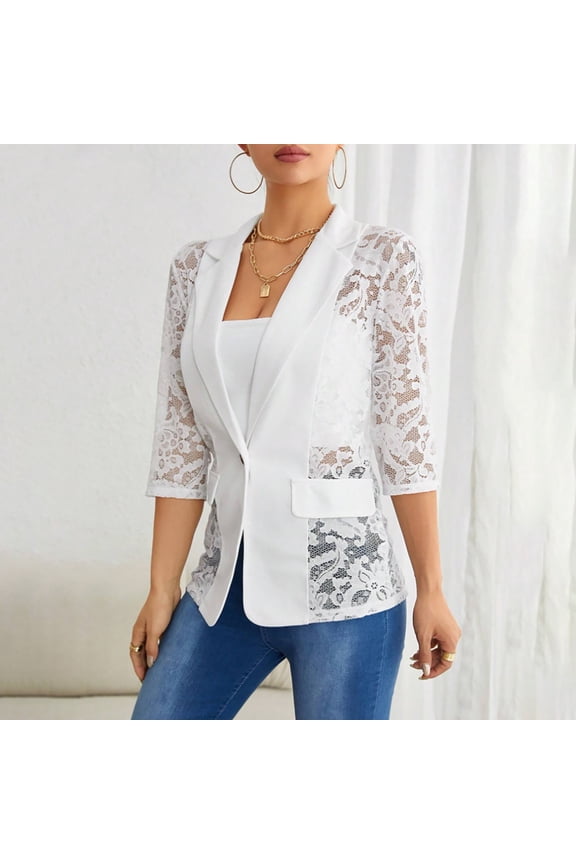 2025 Spring Women's Lace Trim Blazer Jacket – Elegant Solid Color Mesh Lapel Open Front Coat, White, XL