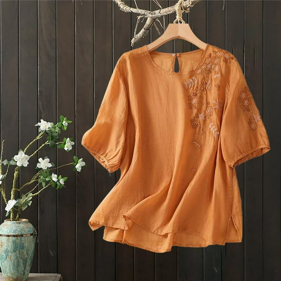 Bovemsi 2025 Women's 3/4 Sleeve Linen Cotton Blouse – Floral Embroidered Boho Tops for Summer Vacation, Orange, M