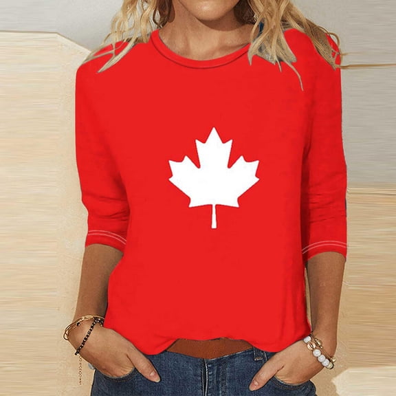 Bovemsi 2025 Women's Canada Day Maple Leaf Graphic T-Shirt - Short Sleeve Patriotic Tee with Pocket - Polyester-Spandex Blend, Red, 3XL