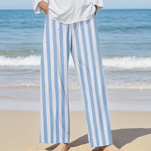 Bovemsi 2025 Women's Cotton Linen Striped Casual Pants – Elastic Waist Loose Fit Summer Trousers, Blue, M